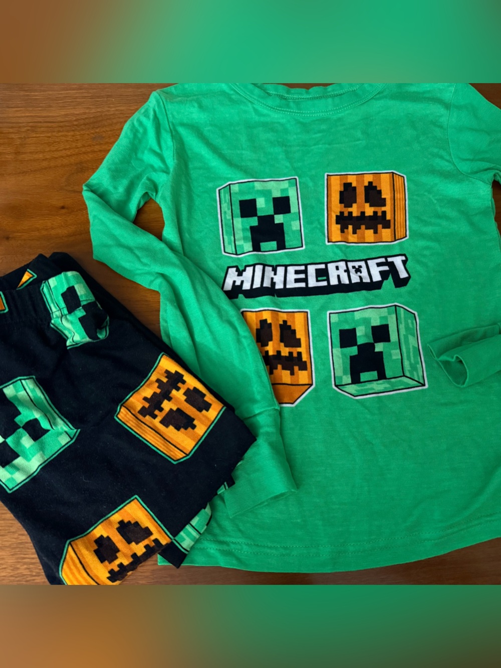 Kids' Green Long Sleeve Creeper & Pumpkin Graphic Tee